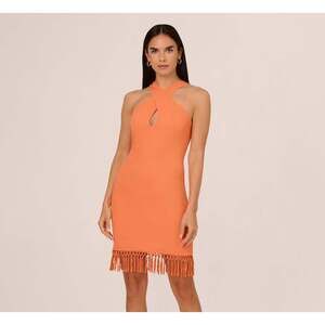 Adrianna Papell Rib Knit Halter Dress With Fringe Skirt In Tangerine Size 8Tange
